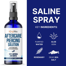 BodyJ4You spray mist closeup demonstrating gentle saline cleansing for piercings