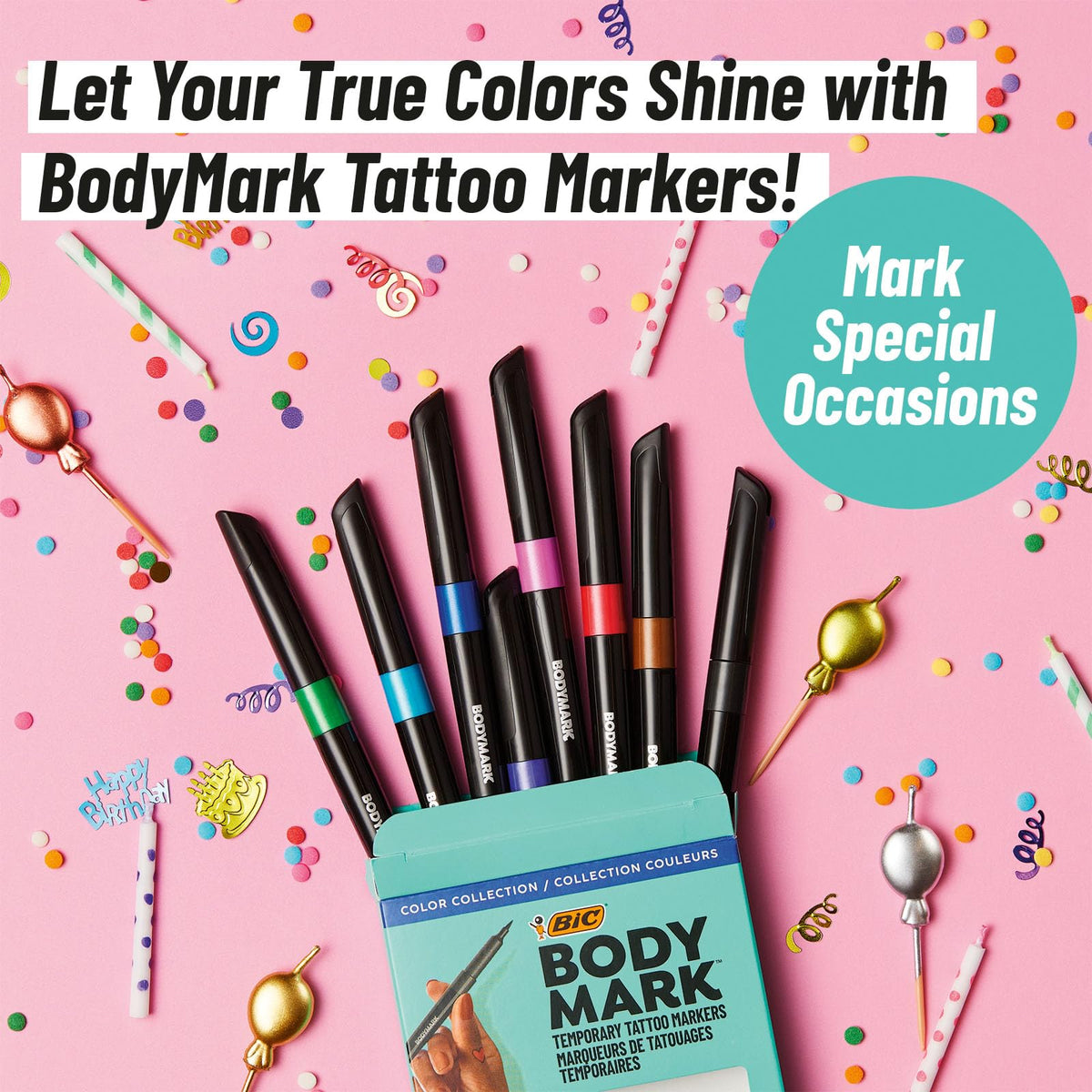 BIC BodyMark capped markers stored upright showing tip protection and longevity benefit