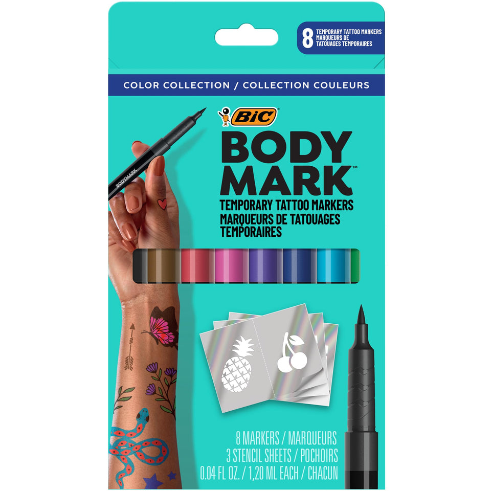 BODYMARK front packaging showing the 8-color cosmetic marker set and stencils, clear product view and benefits