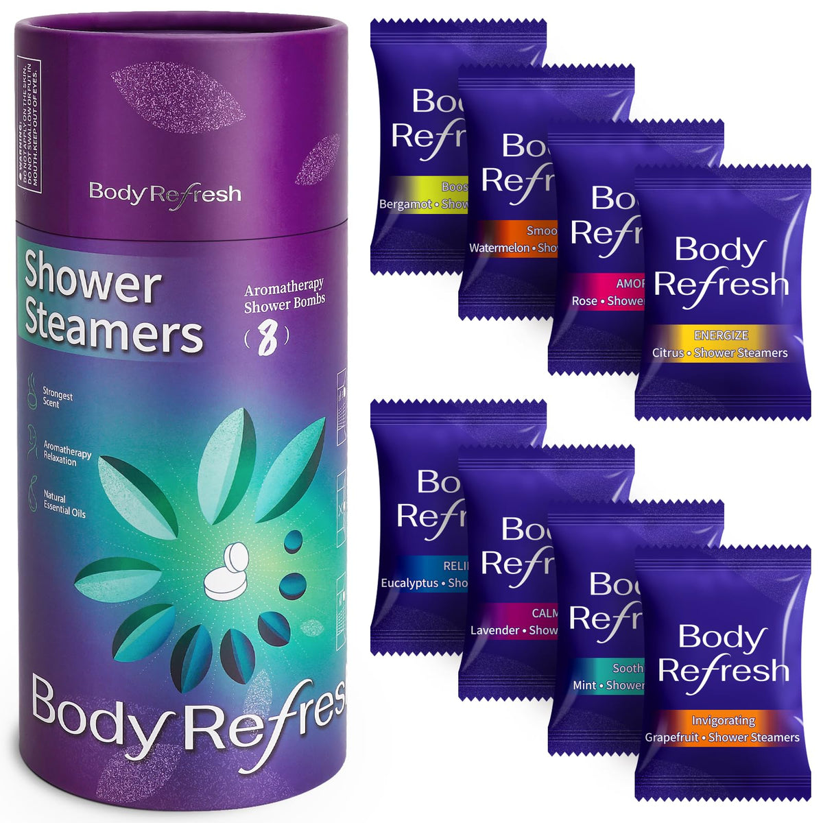 BodyRefresh front packaging showing eight scented shower steamers and branding benefits