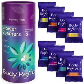 BodyRefresh front packaging showing eight scented shower steamers and branding benefits