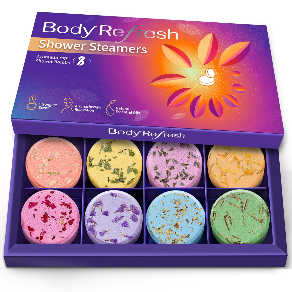 BodyRefresh front packaging showing eight individually wrapped steamers and gift-ready box