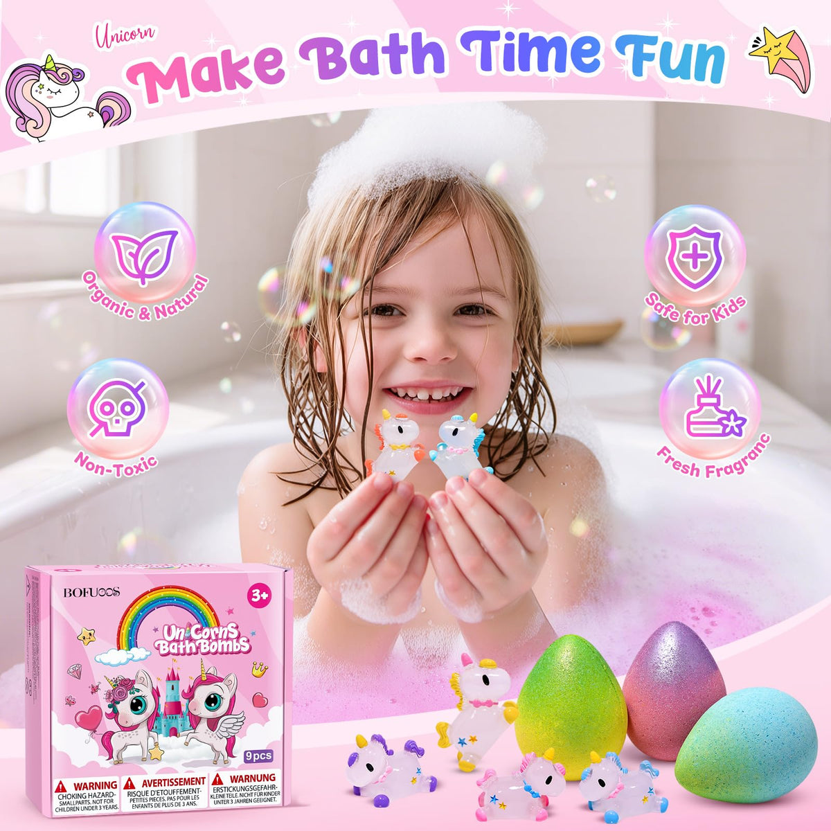 Bofuoos bath bomb split open revealing surprise toy and adding playful discovery