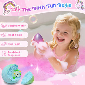 Bofuoos child enjoying bathtub with fizzing unicorn bomb for joyful bath time
