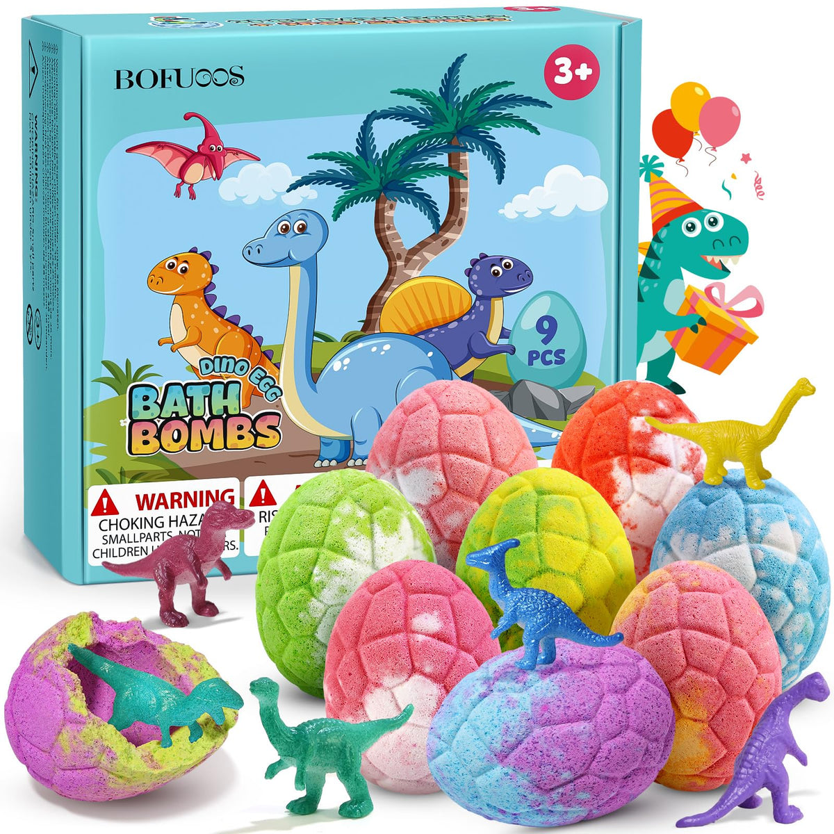 Bofuoos front packaging of dinosaur bath bombs showing colors and toys, fun gifting benefit