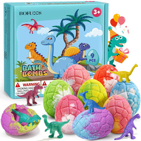 Bofuoos front packaging of dinosaur bath bombs showing colors and toys, fun gifting benefit