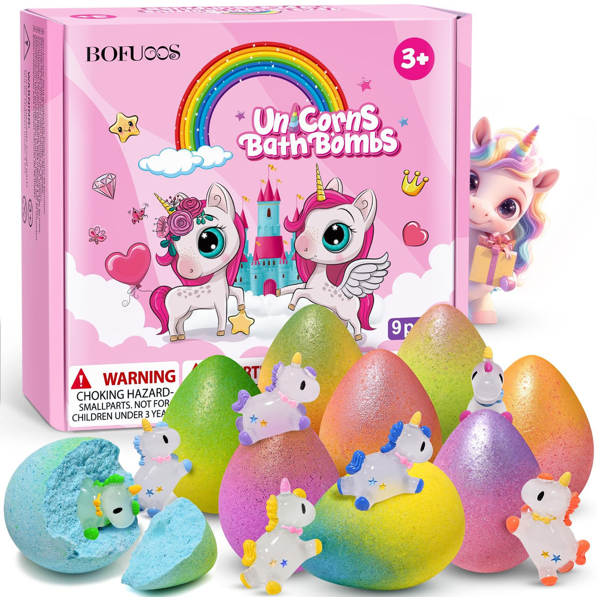 Bofuoos front packaging showing colorful unicorn bath bomb set and gift-ready presentation