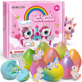 Bofuoos front packaging showing colorful unicorn bath bomb set and gift-ready presentation