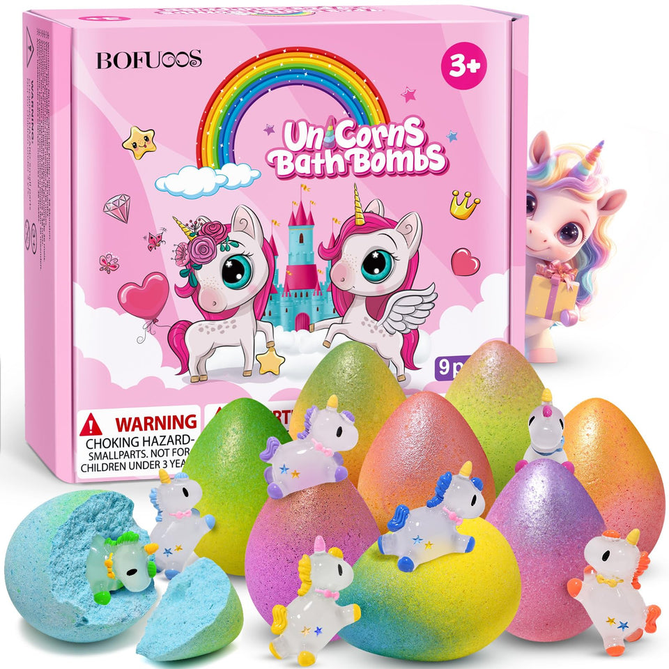 Bofuoos front packaging showing colorful unicorn bath bomb set and gift-ready presentation