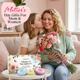Bofuoos gift box styled on bathroom shelf suggesting an elegant self-care gift