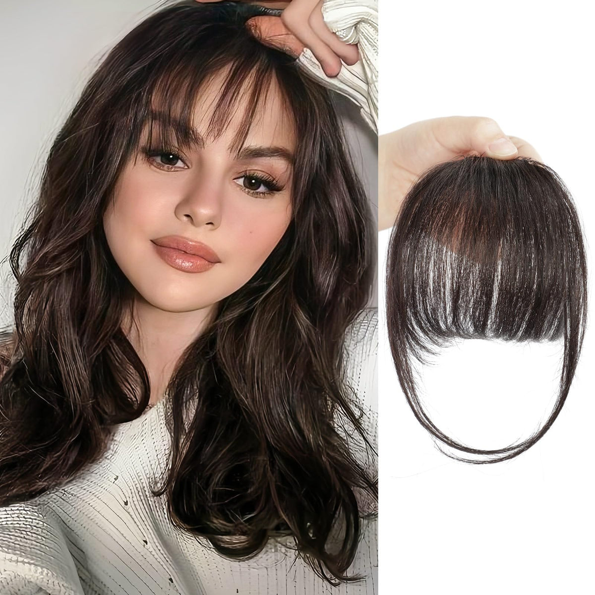 BOGSEA front view dark brown bangs showing natural hairline benefit natural look