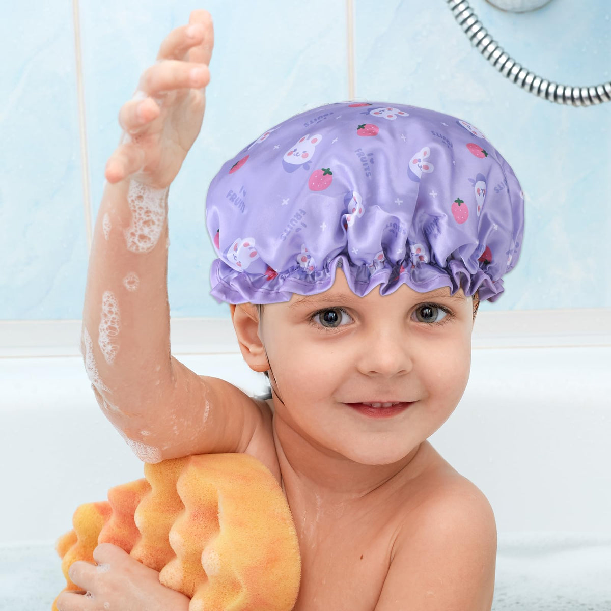 BOHUIZ child wearing purple bonnet during bath for dry hair protection