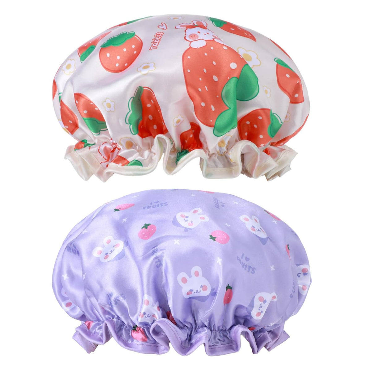 BOHUIZ front view of purple and yellow caps showing cute rabbit prints and colors