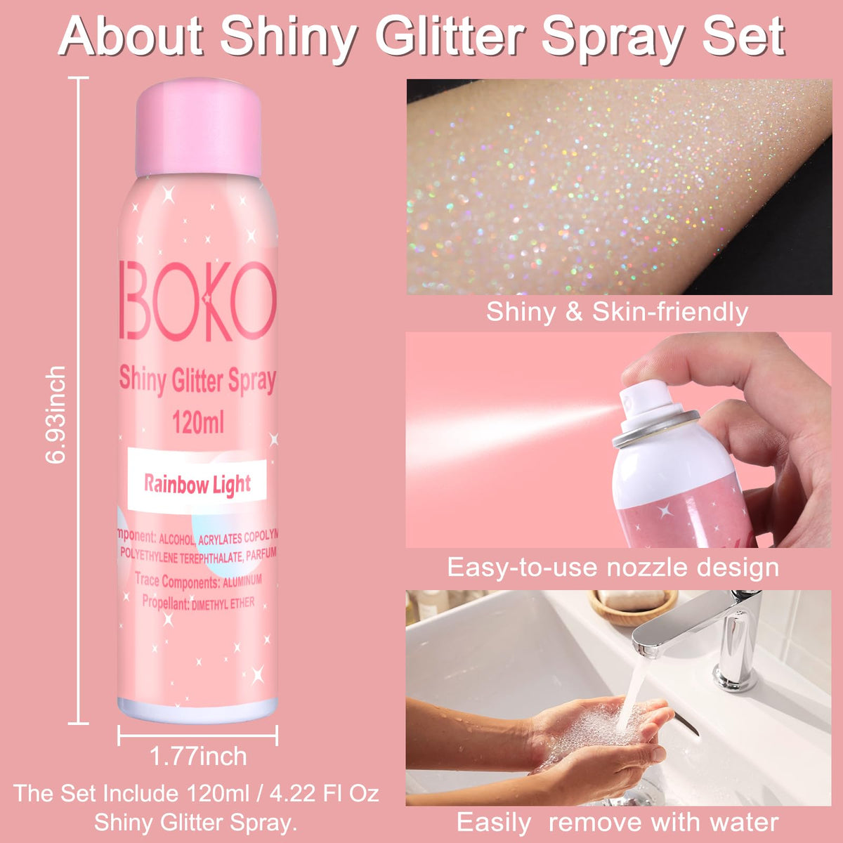 Boko being applied to forearm with even silver sparkle for event-ready skin