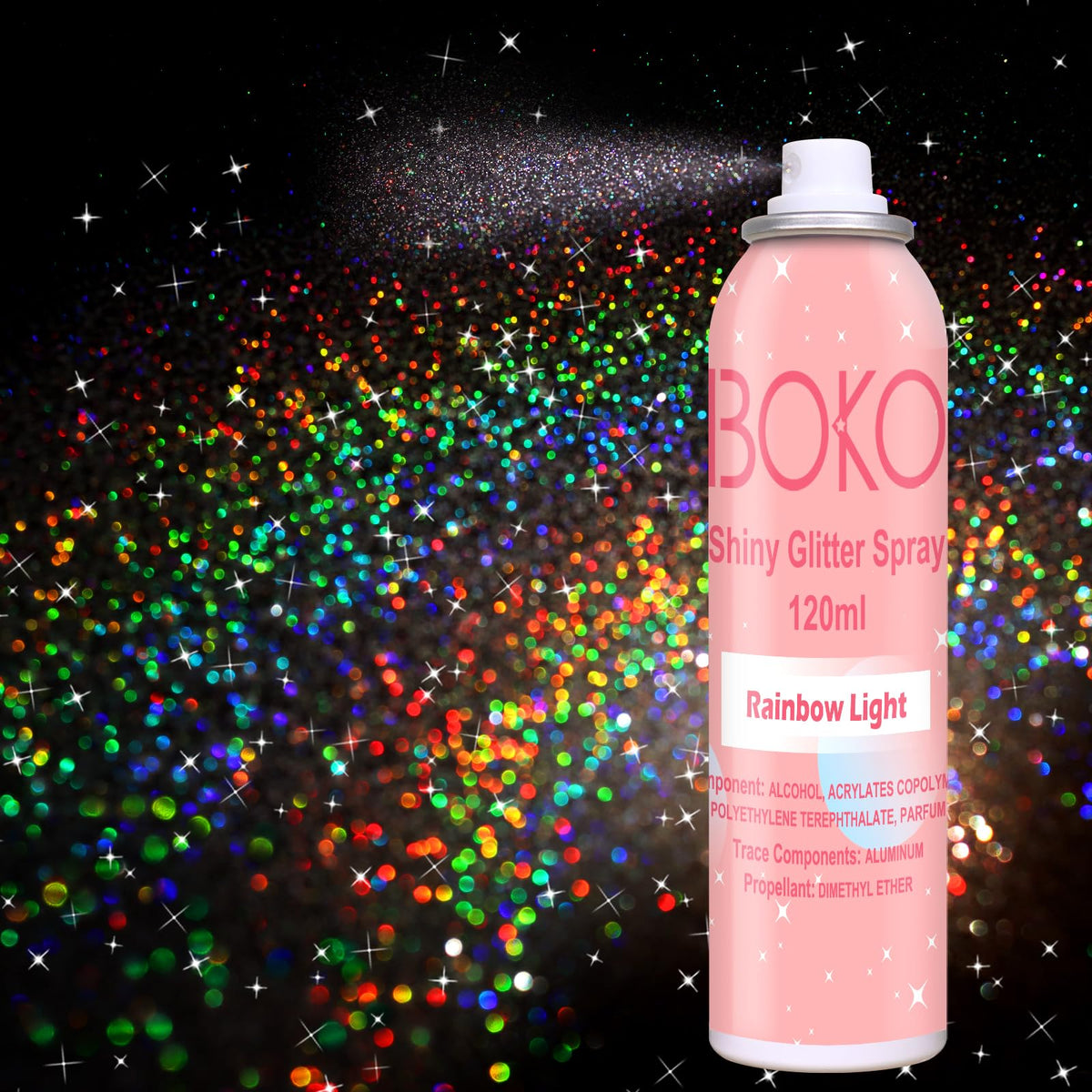Boko front bottle showing 120ml holographic silver glitter and clear label benefits