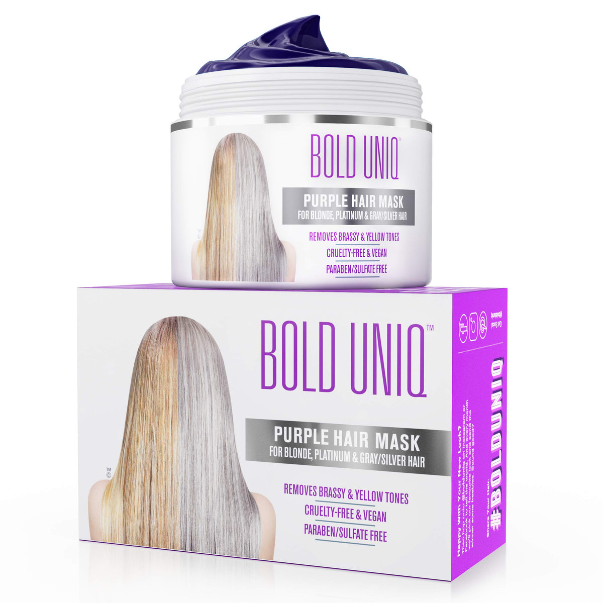 Bold Uniq front packaging showing purple hair mask and benefits
