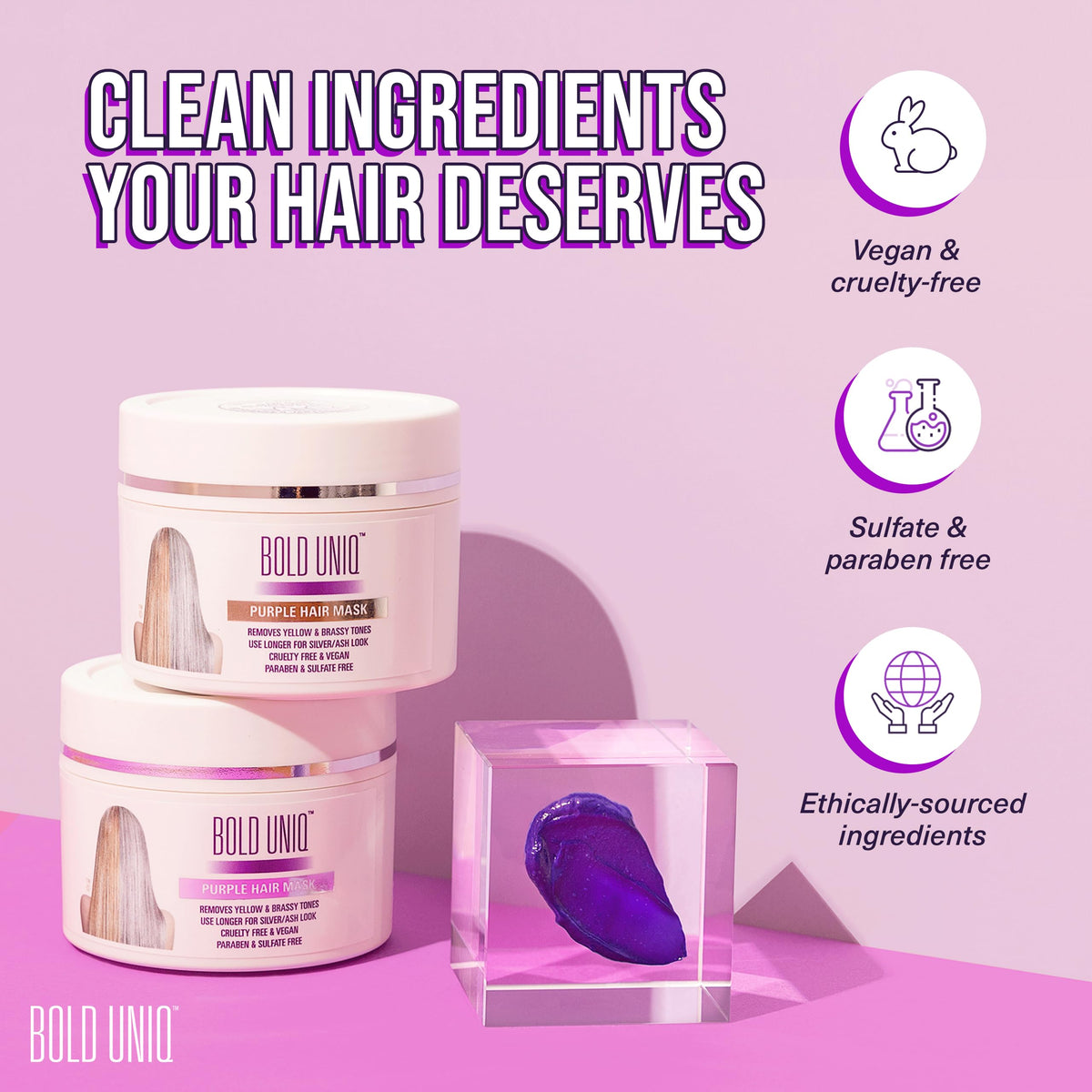Bold Uniq label close-up highlighting vegan and paraben-free formula