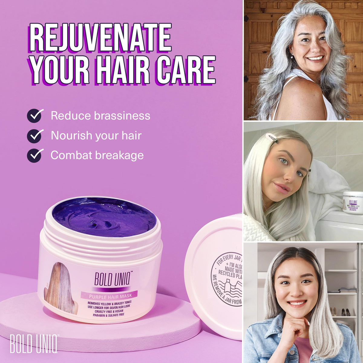 Bold Uniq open jar with violet cream texture for even toning