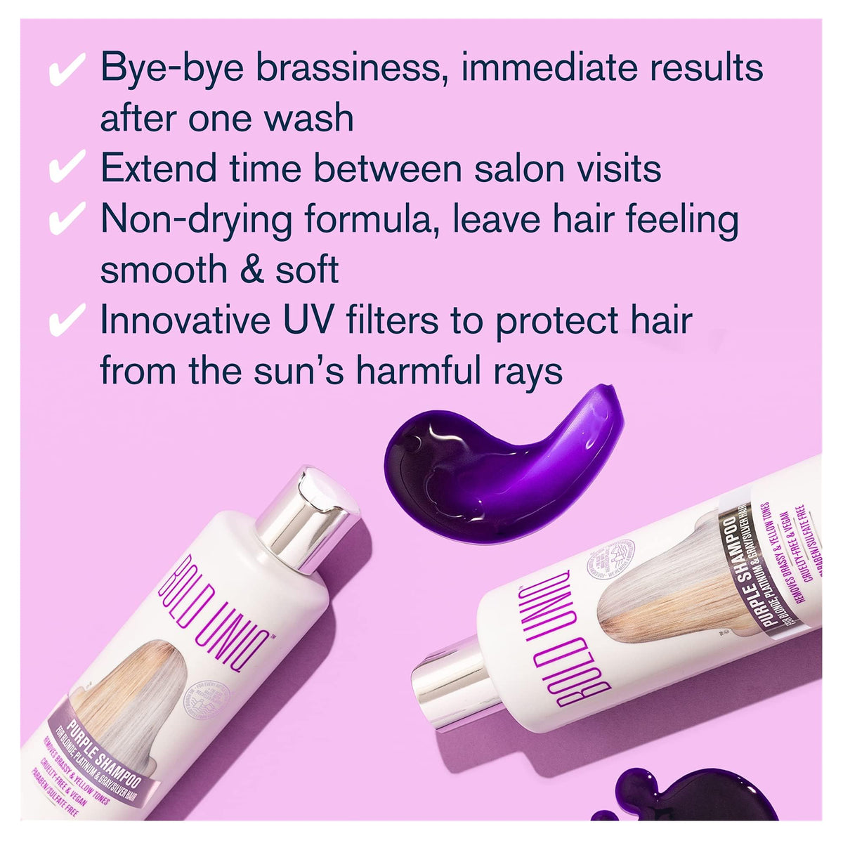 Bold Uniq pouring vivid purple shampoo from bottle, demonstrates easy dispensing and control