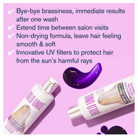 Bold Uniq pouring vivid purple shampoo from bottle, demonstrates easy dispensing and control