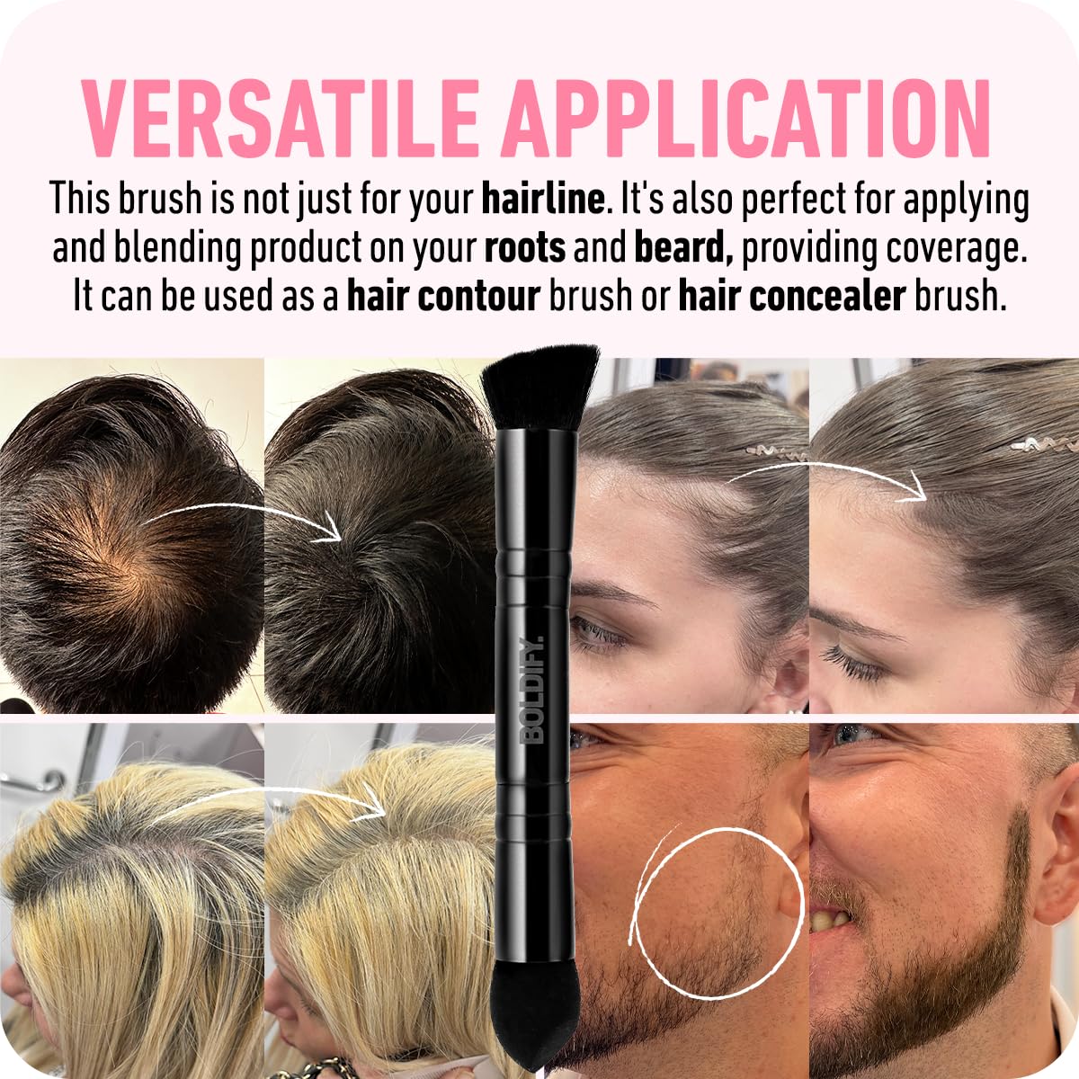 Boldify brush applying powder along hairline to reduce visible thinning