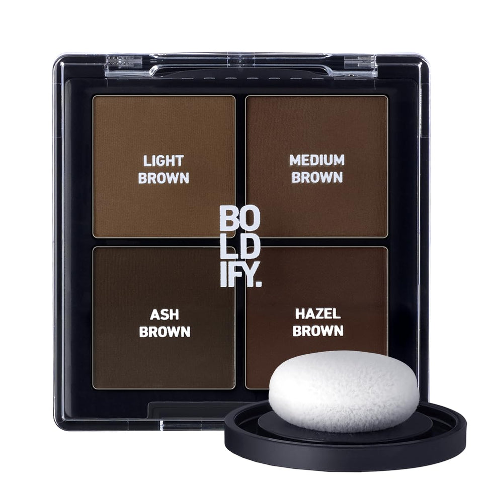 Boldify compact front view showing two sample light and medium brown shades for quick root coverage