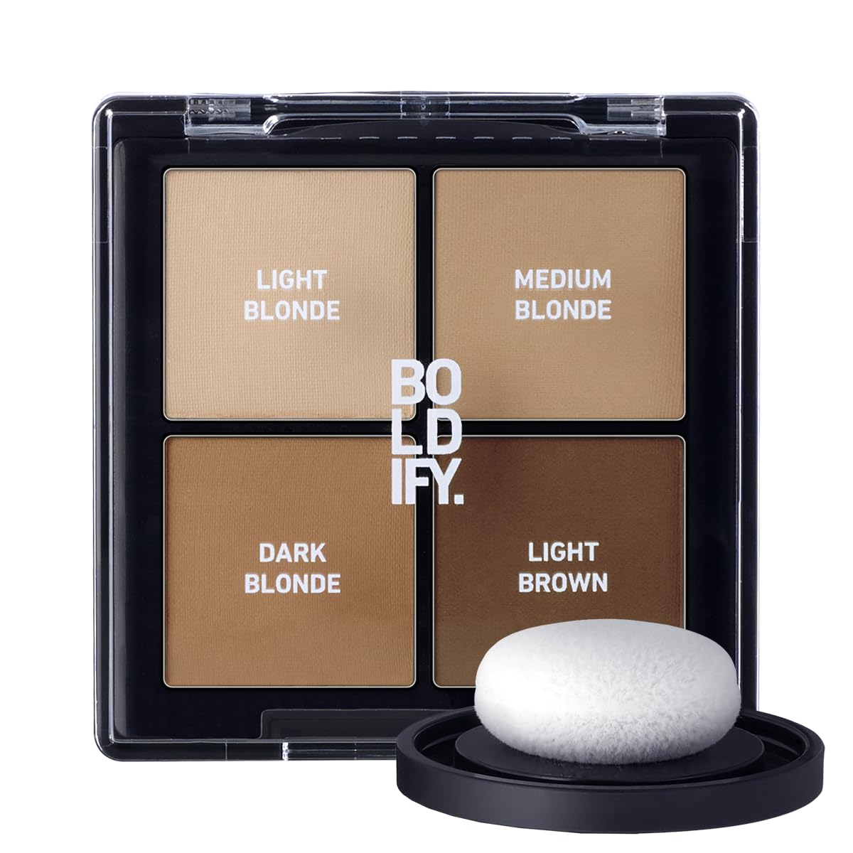 Boldify compact front view showing sleek pressed powder and brand logo