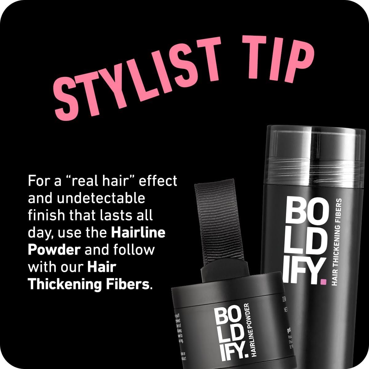 Detail of Boldify powder applied at the scalp to camouflage roots and grays