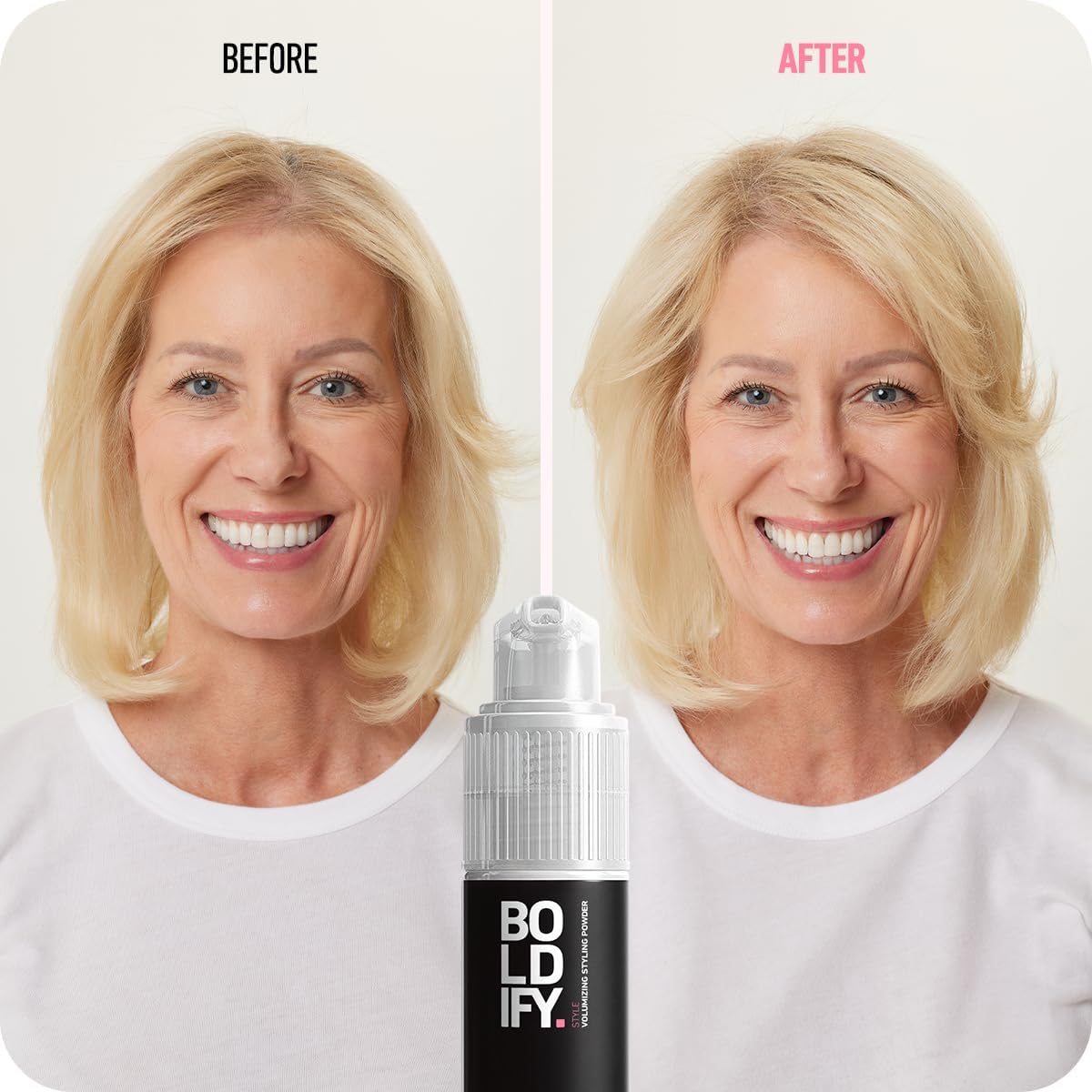 Boldify in-use spray at roots for instant lift and refreshed styling