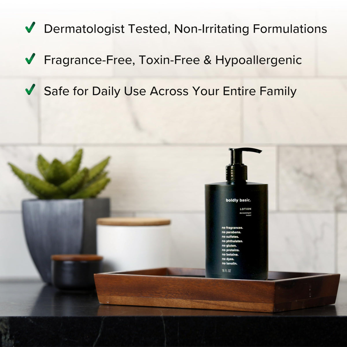 Boldly Basic close-up label listing no sulfates parabens or gluten