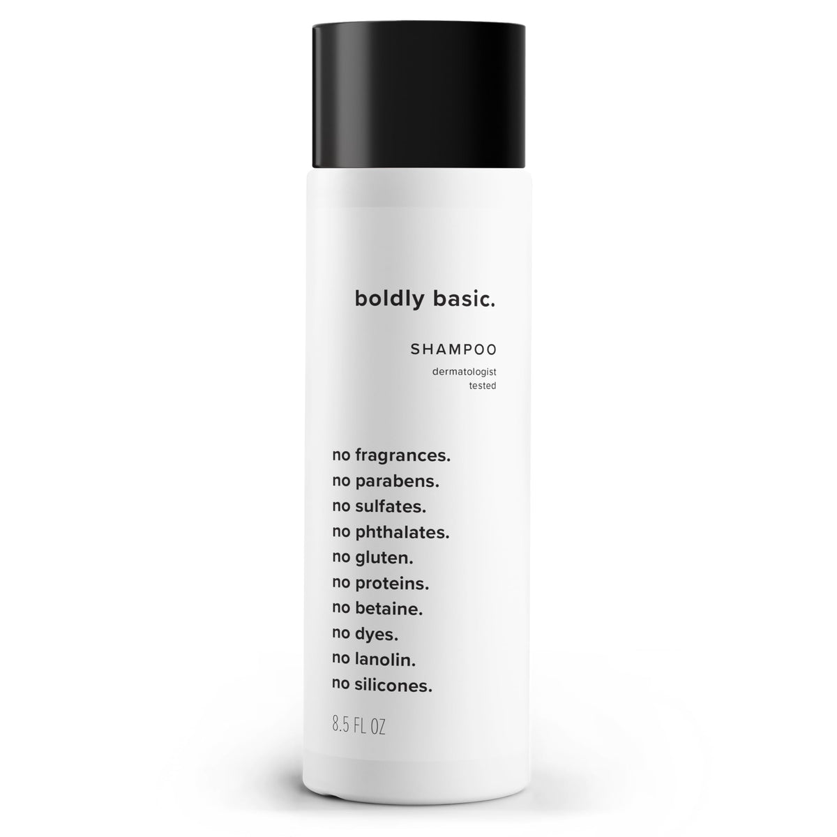 Boldly Basic front bottle showing clean unscented shampoo branding and benefits