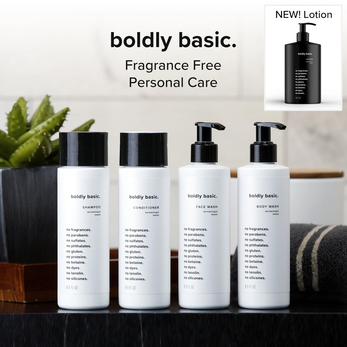 Boldly Basic label close-up showing fragrance-free, dermatologist-tested ingredients