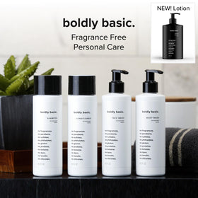 Boldly Basic label close-up showing fragrance-free, dermatologist-tested ingredients