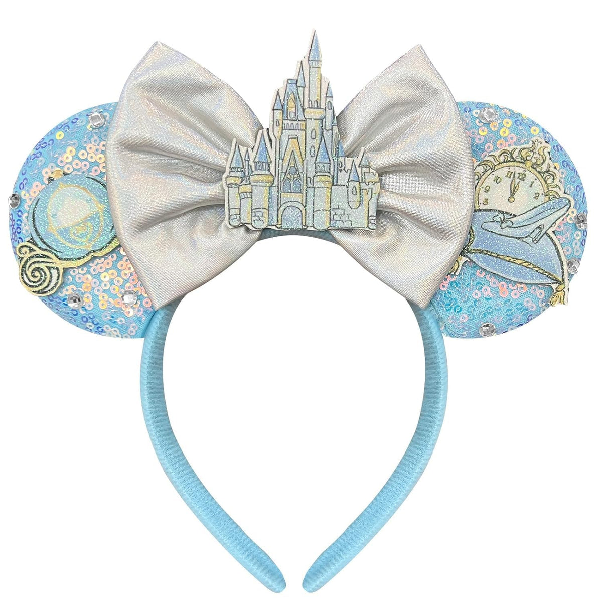 Bolonar blue sequin mouse ears headband front view shows design and fit