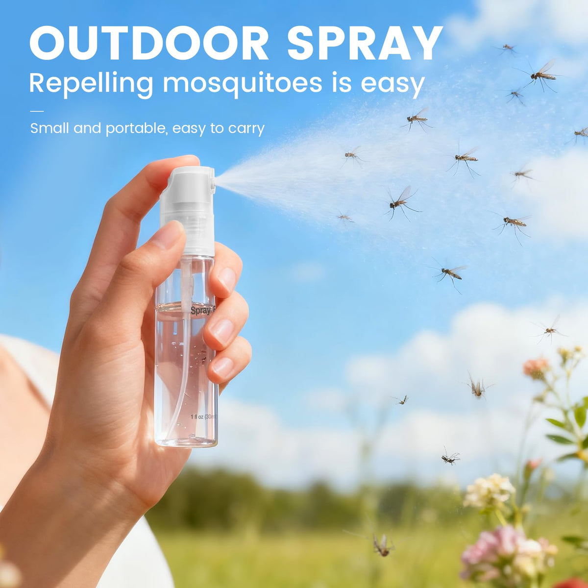 Bomeiyi bottle sprayed inverted to show 360° spray performance without waste