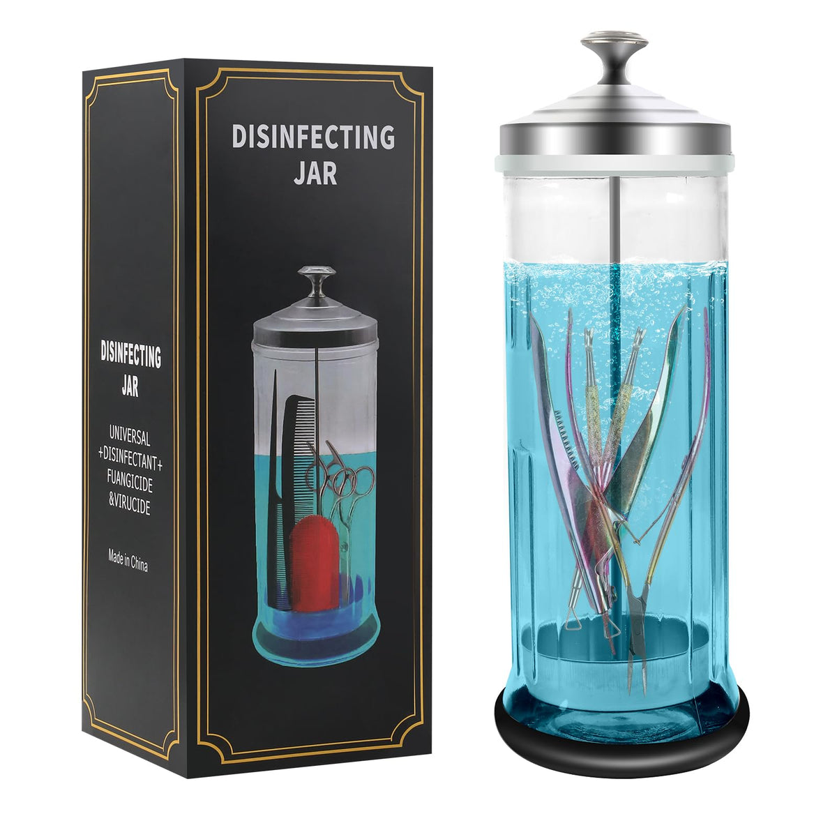 BOMOQING front view of jar showing clear glass and capacity, ensures efficient tool sterilization