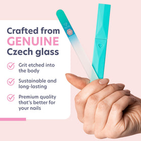 Bona Fide Beauty glass file inside protective case demonstrating safe storage and travel readiness