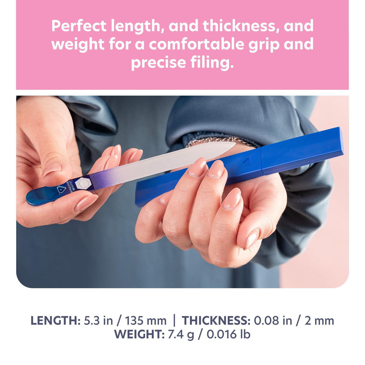 Bona Fide Beauty file held in hand demonstrating gentle, precise nail shaping