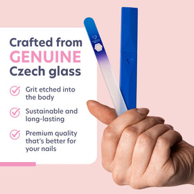 Bona Fide Beauty glass nail file seated inside protective blue hard case for travel