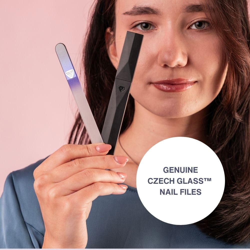 Bona Fide Beauty glass nail file nestled in hardcase offering secure storage