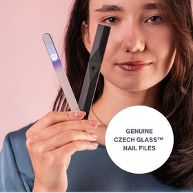 Bona Fide Beauty glass nail file nestled in hardcase offering secure storage