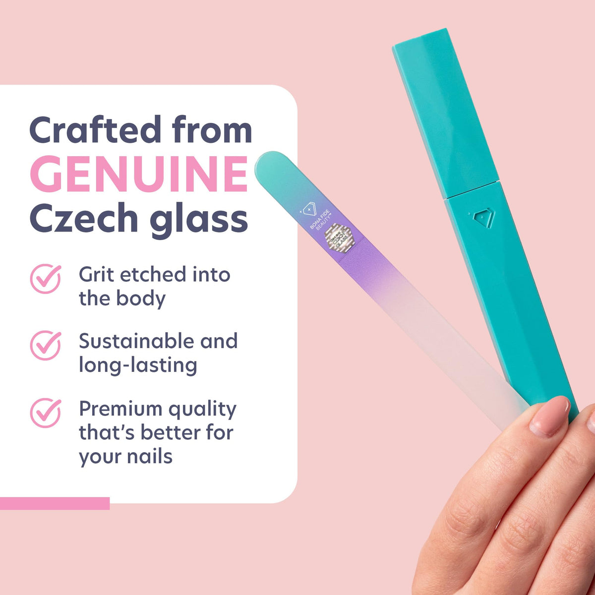 Bona Fide Beauty glass nail file sitting inside hardcase, protected for travel