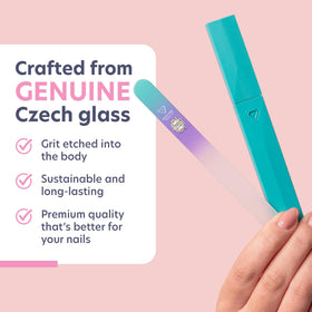 Bona Fide Beauty glass nail file sitting inside hardcase, protected for travel