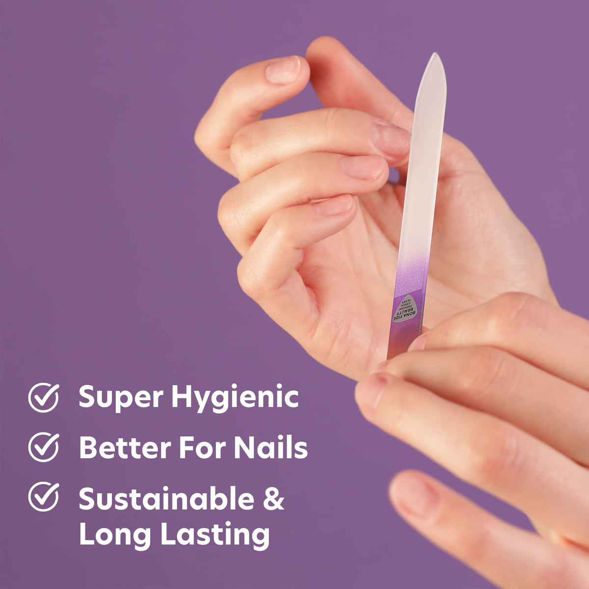 BONA FIDE BEAUTY file in use shaping nail demonstrating smooth, chip-free edging