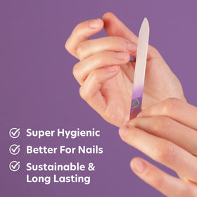 BONA FIDE BEAUTY file in use shaping nail demonstrating smooth, chip-free edging