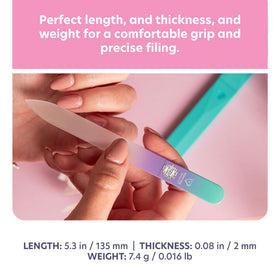 Bona Fide Beauty file next to hand showing length and ergonomic scale