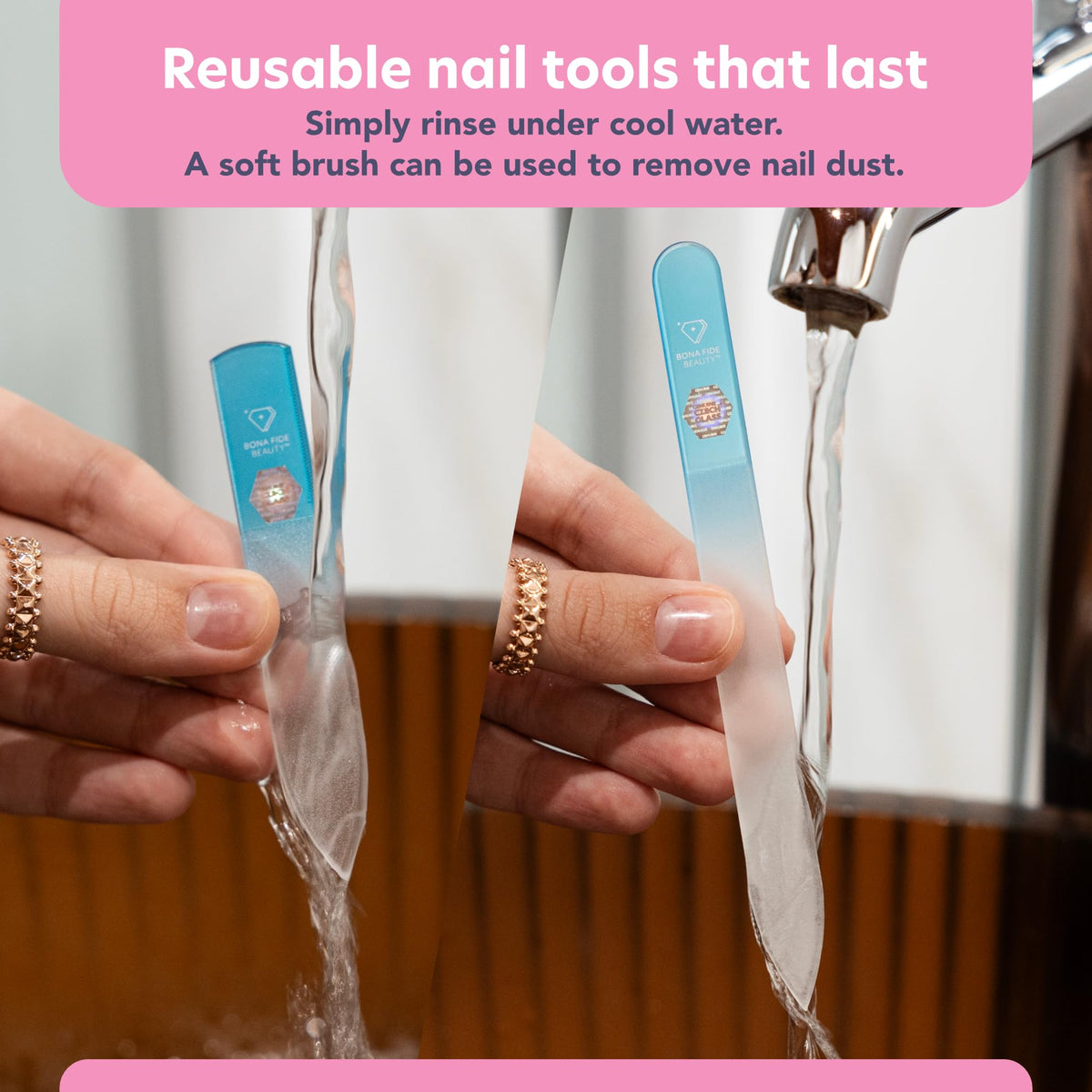 Bona Fide Beauty file beside a natural nail showing smooth polished finish without polish