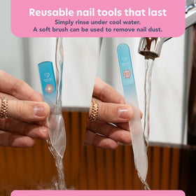 Bona Fide Beauty file beside a natural nail showing smooth polished finish without polish