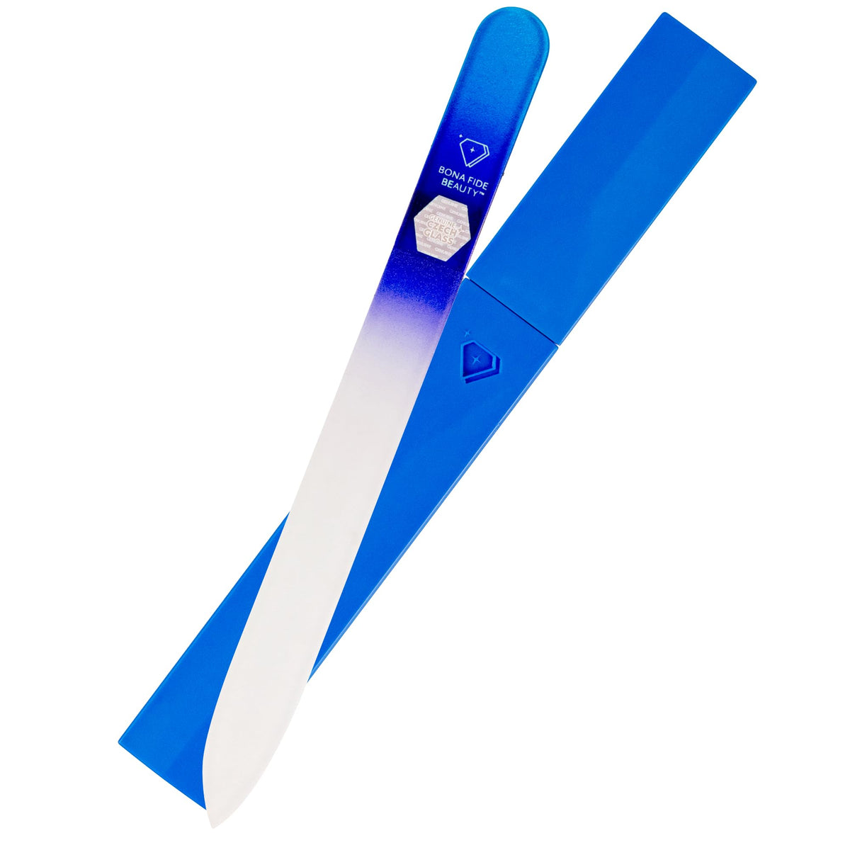 Bona Fide Beauty front view of aqua cobalt glass nail file in case showing elegant finish