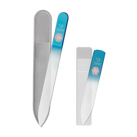 Bona Fide Beauty aqua glass file front packaging showing tool and case benefit: portable precision